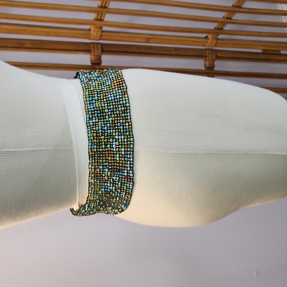Beaded stretchy belt with wooden clasp closure Boho Festival 70's Hippie - Picture 7 of 10